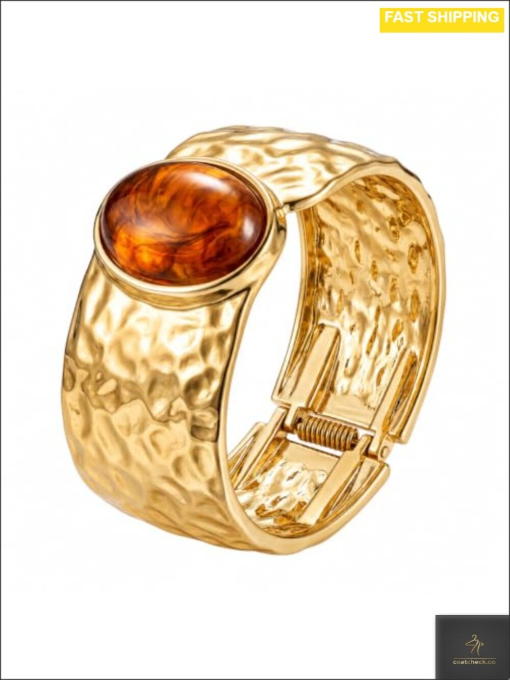 Hammered Gold Tone Wide Cuff Bracelet Oval Resin Stone Hinged Bangle